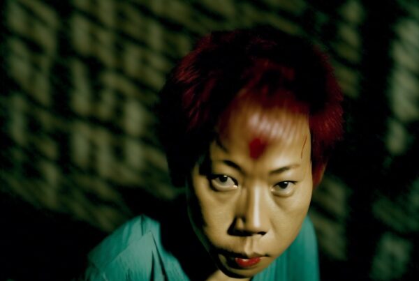 A person with vibrant red hair gazes seriously, wearing a green shirt against a shadowy background.
