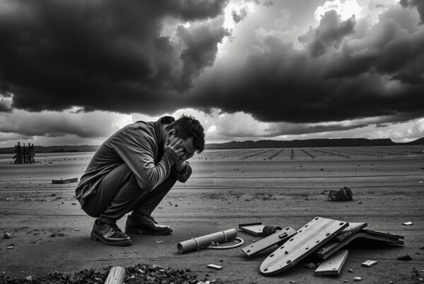 A lone figure crouches in a desolate desert beneath dark clouds, surrounded by scattered debris.