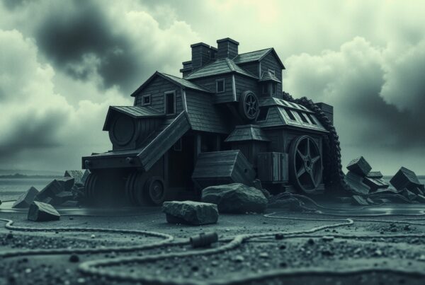 A surreal house made with machinery and architectural elements under a gloomy sky.