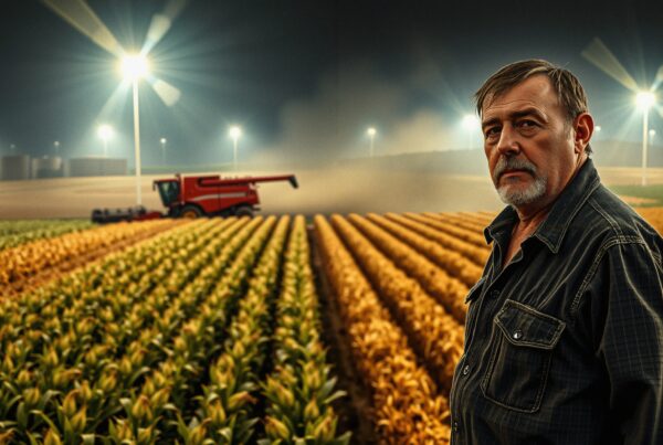 A farmer stands in a field at night with a combine harvester working in the background, illuminated by bright lights.