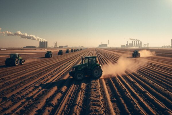 Tractors plowing fields near factories under clear skies.
