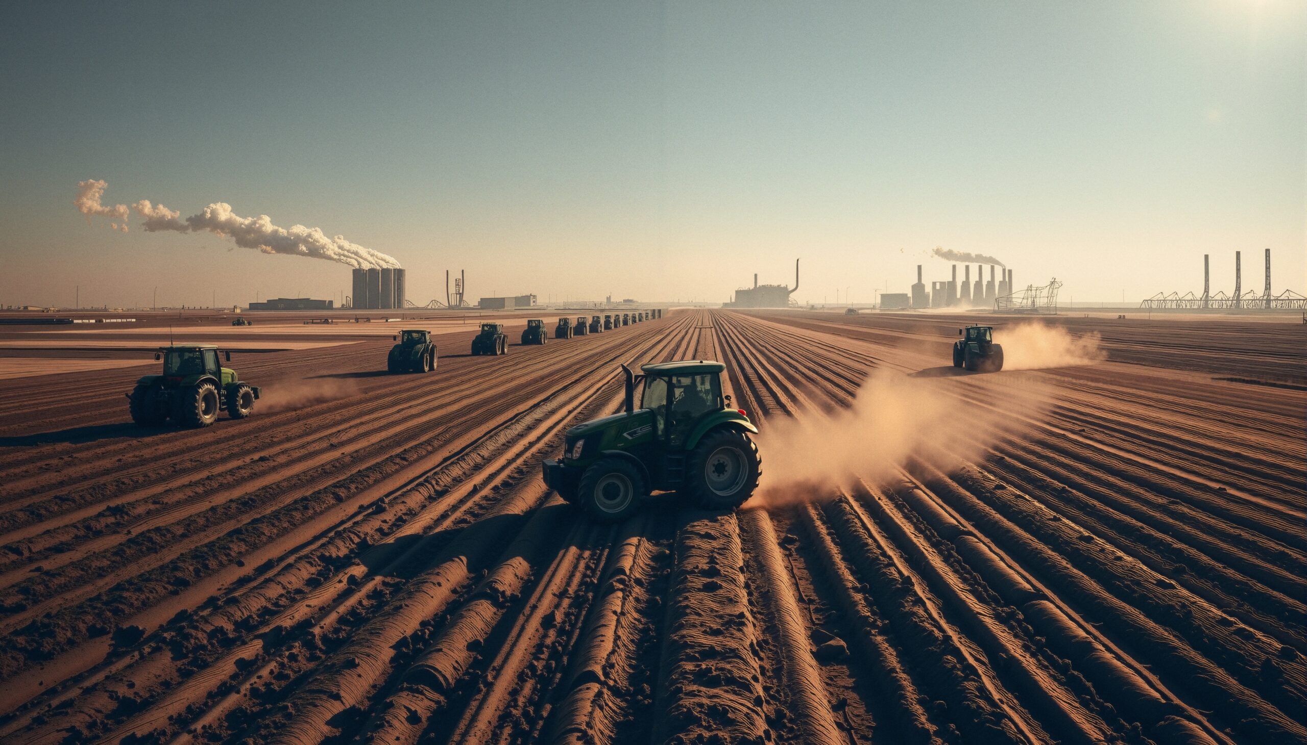 Tractors Working Near Industrial Plants