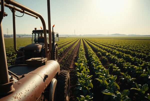 A tractor tending to farm crops in a vast green field with a distant horizon.