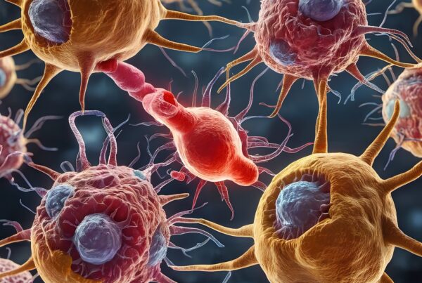 Colorful, high-resolution image of vividly detailed cells with protruding extensions against a blurred background.