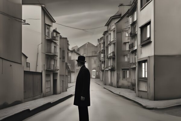 A solitary figure in a grayscale urban street scene creates an enigmatic atmosphere under an overcast sky.