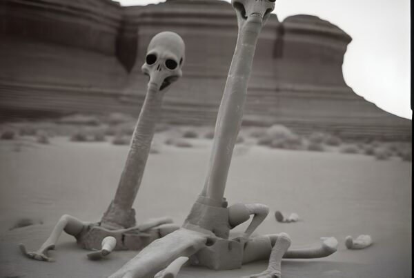 Skeleton-like figures in desert landscape with elongated necks and skull heads.