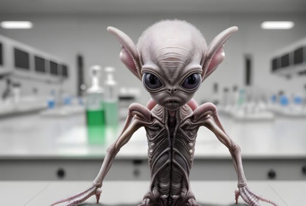 Alien creature in a modern laboratory setting with equipment.