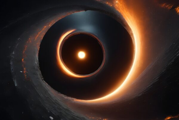 Mesmerizing image of a black hole's fiery accretion disk swirling around a bright star in space.