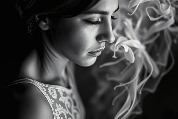 A contemplative woman in black and white with floral background.