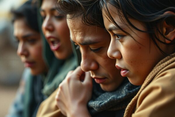 A close-up image of a group of people huddled together, expressing deep thought or concern.
