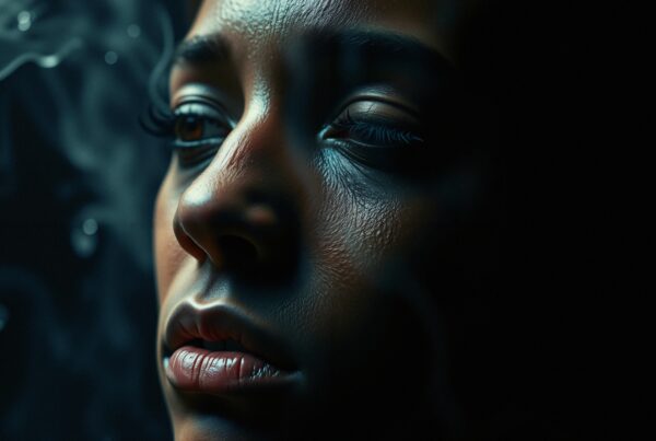 A close-up portrait of a person's face with dramatic lighting and swirling smoke.