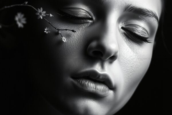 Black and white portrait of a woman with delicate flowers on her face, highlighting texture and calmness.