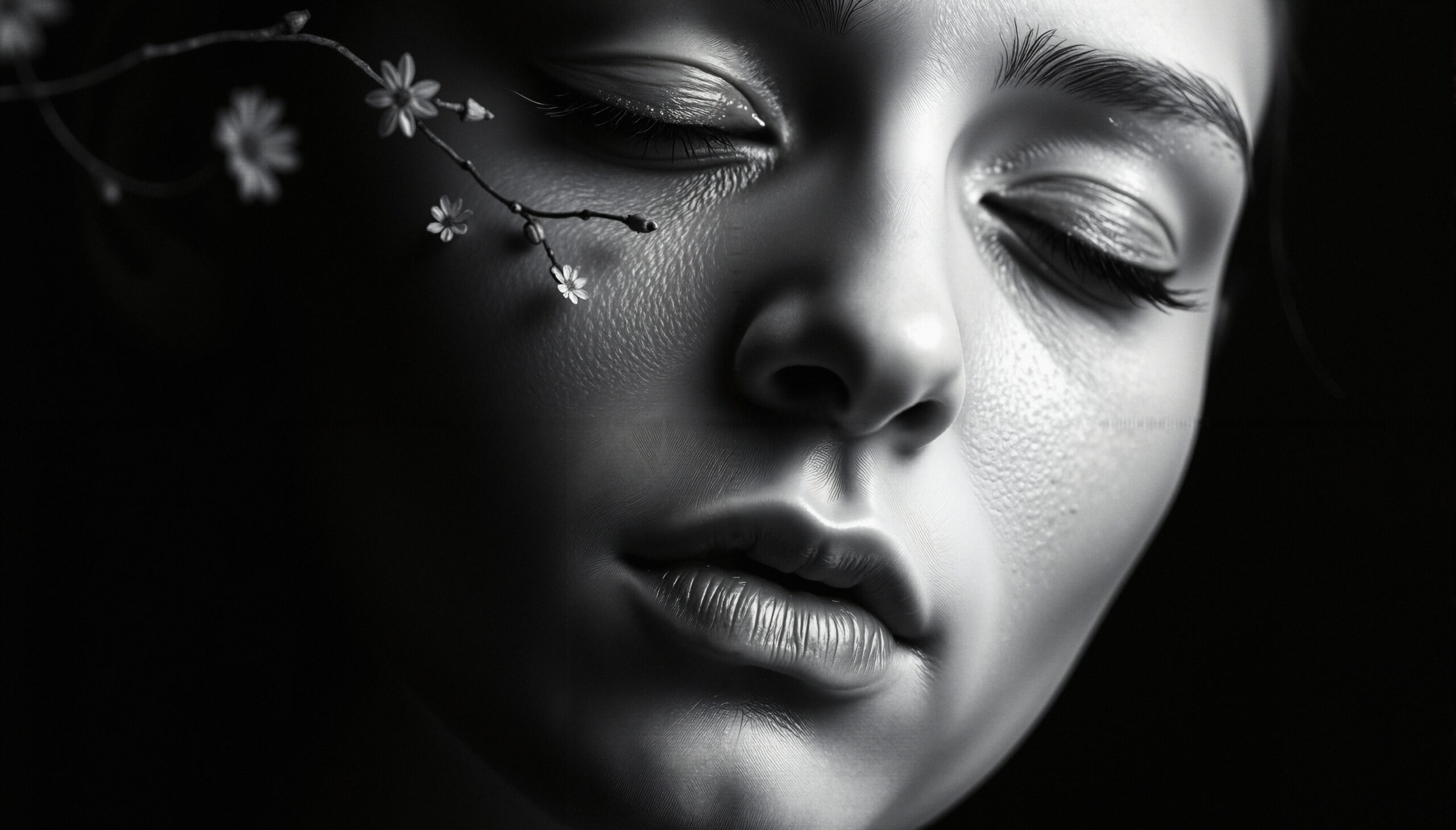 Serene Monochrome Portrait with Flowers