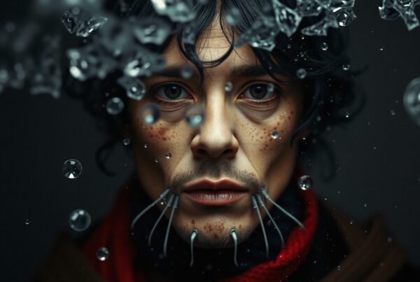 A close-up futuristic portrait featuring metallic wires and floating crystals.