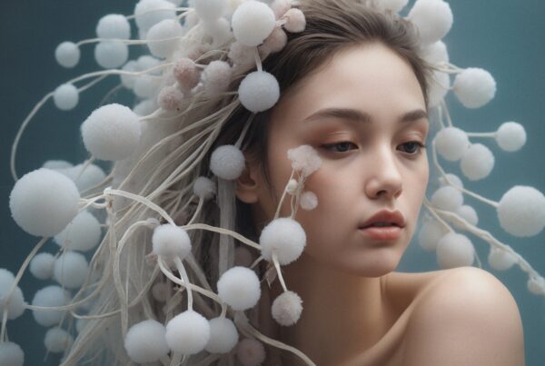 A young woman with a whimsical pom-pom headdress against a teal background, blending fashion and art in an ethereal portrait.