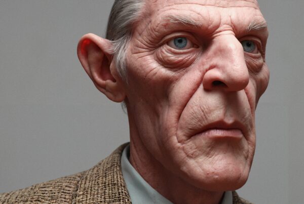 Hyper-realistic digital rendering of elderly man's face.