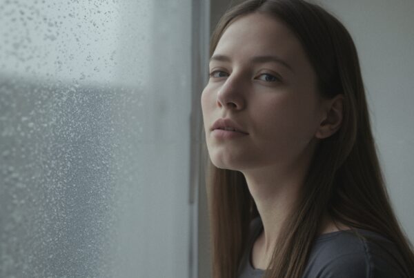 A young woman gazes thoughtfully out a rain-specked window, enveloped in soft light.