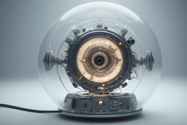Futuristic device inside glass dome apparatus.