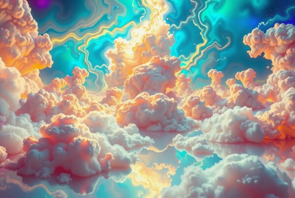 A vivid, surreal landscape of colorful clouds reflecting off a mirrored surface under a vibrant sky.