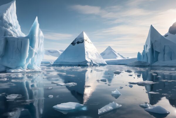 A vast polar landscape with towering icebergs reflecting in calm waters, under a clear sky.