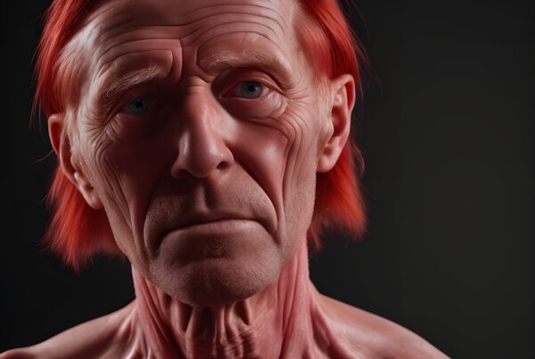 A digital portrait of an elderly man with red hair, featuring detailed facial features and deep wrinkles.