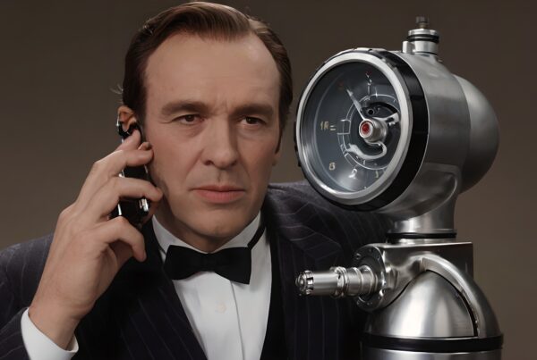 A man in a tuxedo holds a phone beside a futuristic steampunk machine.