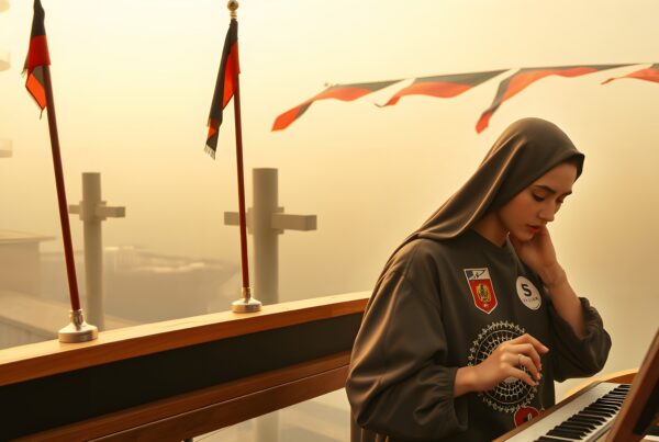 A woman in a traditional cloak plays a keyboard against a warm, serene backdrop.