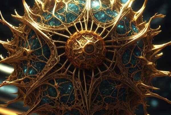 A detailed, golden, spherical, intricate structure with blue core.