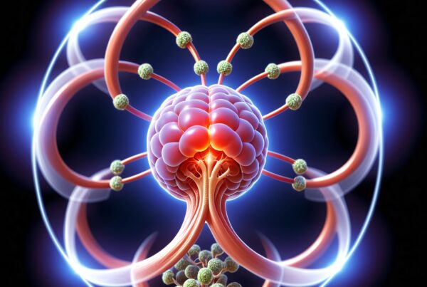 An intricate neural-like structure with glowing core spheres surrounded by a luminous blue halo.