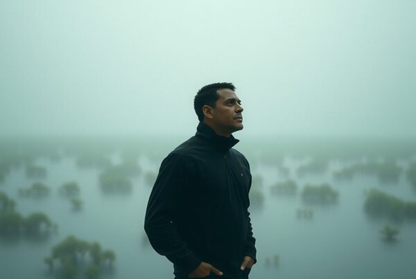 Man in black jacket stands thoughtfully by a misty body of water with sparse foliage, under an overcast sky.