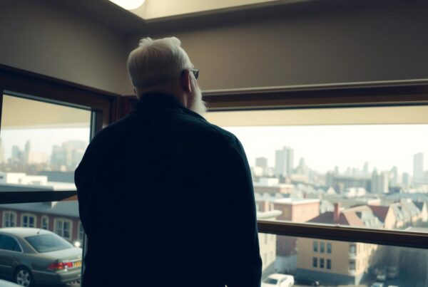 A man looks out a window at an urban skyline.