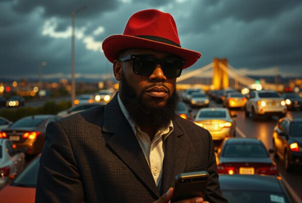 Man in sunglasses and red hat stands on city bridge at dusk with smartphone.