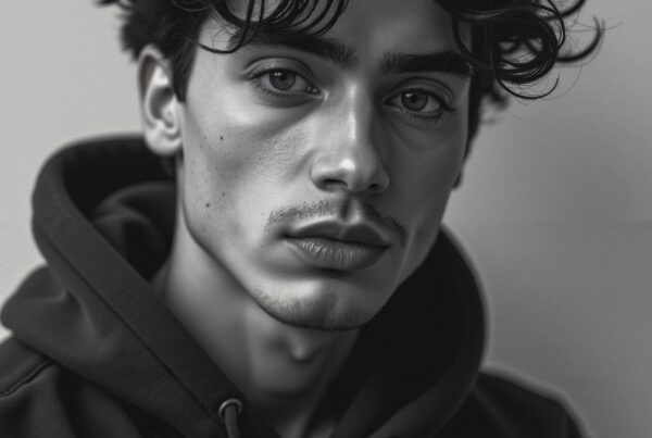 A young man in a black hoodie with curly hair and intense gaze in a monochrome portrait.