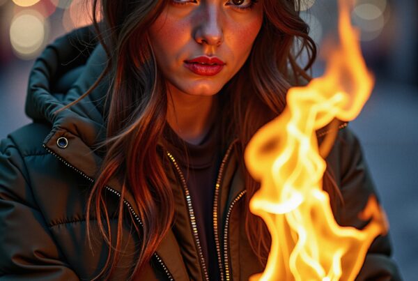 A woman holds flames in her hands, creating a striking contrast in a dimly lit urban night setting.