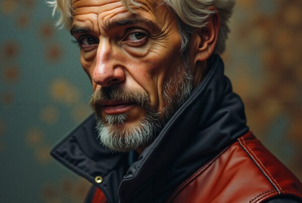 Portrait of mature man with white hair and a beard wearing a dark jacket and red vest, capturing an intense gaze and rugged style.