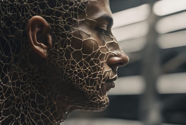 Side profile of a person wrapped in intricate golden wire mesh, exhibiting a harmonious blend of organic and futuristic design against an abstract background.