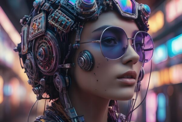 A futuristic woman with cybernetic enhancements, vibrant neon lights, and stylish purple glasses in a high-tech, cyberpunk setting.