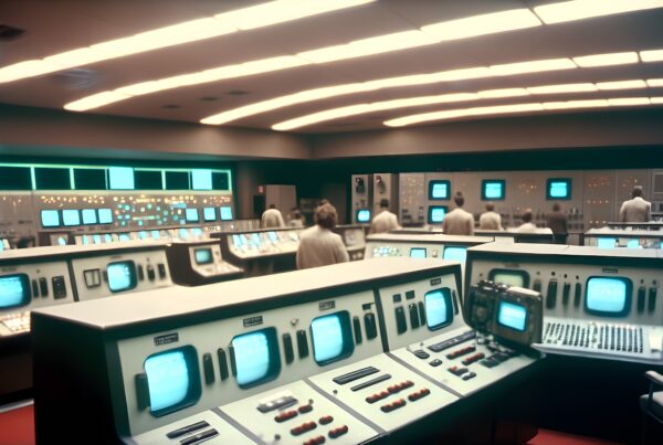 A vintage control room with glowing panels and focused operators.
