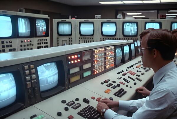 Men working at a vintage control room console, monitoring multiple screens and managing complex systems.