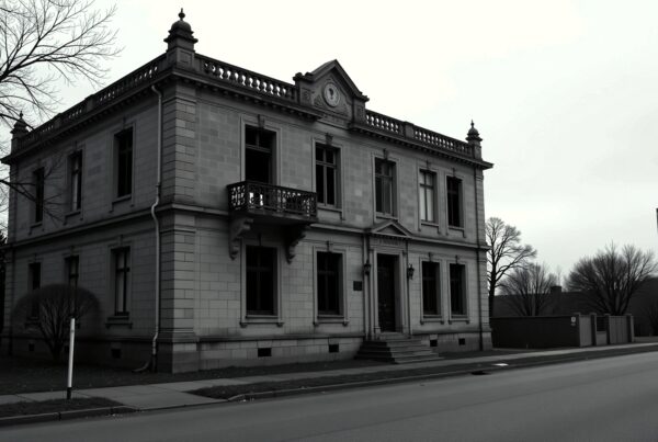 Monochrome image of a historic stone building with classical architecture and bare trees.