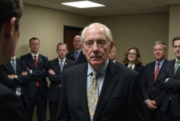A group of professionals in suits have a serious discussion in an office setting.