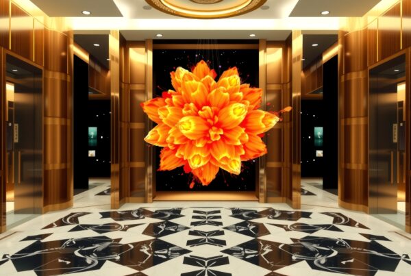 Luxurious elevator lobby with striking floral art centerpiece.