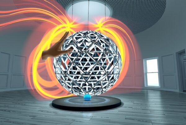 A large sphere with intricate patterns radiates orange energy in a minimalist room.