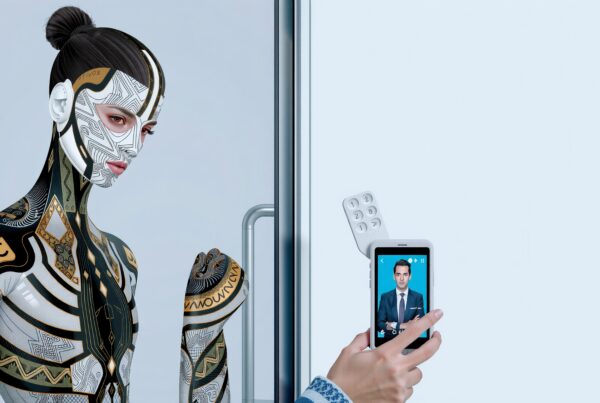 A humanoid robot adorned with intricate designs stands next to a smartphone, illustrating futuristic technology.