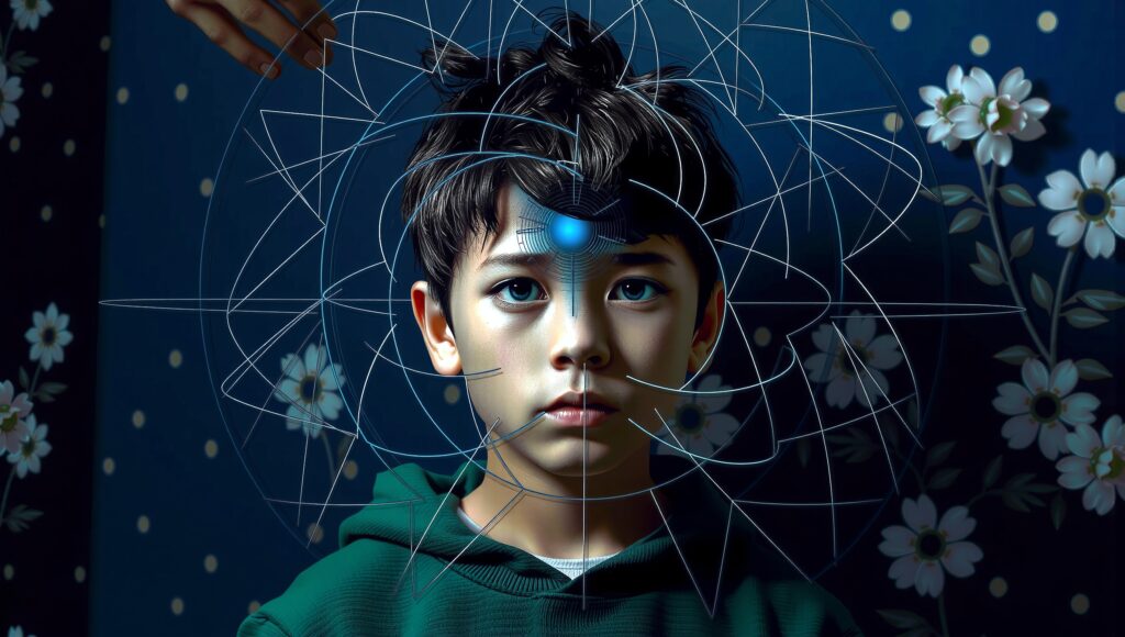 A young boy in a green hoodie with geometric patterns overlay, featuring a glowing blue orb on the forehead backgrounded by floral elements.