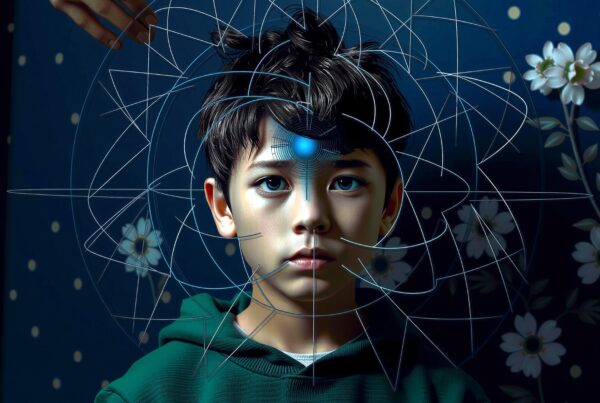 A young boy in a green hoodie with geometric patterns overlay, featuring a glowing blue orb on the forehead backgrounded by floral elements.