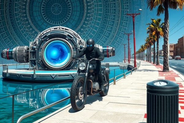 A motorcyclist rides along a futuristic promenade with a glowing blue machine and palm trees, suggesting a sci-fi adventure.