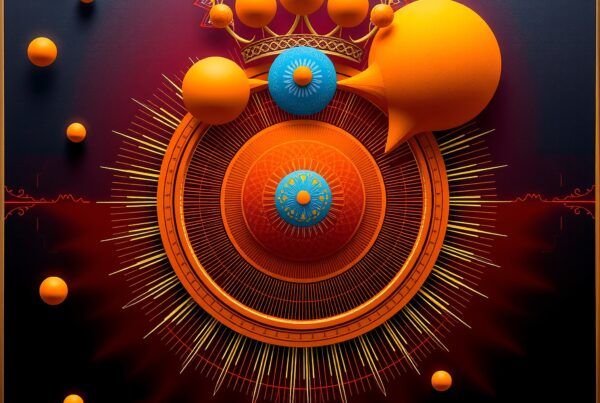 A vibrant abstract design with colorful geometric shapes on a dark background.