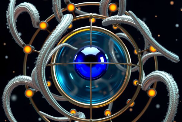 A blue orb with silver tentacles in a cosmic setting.