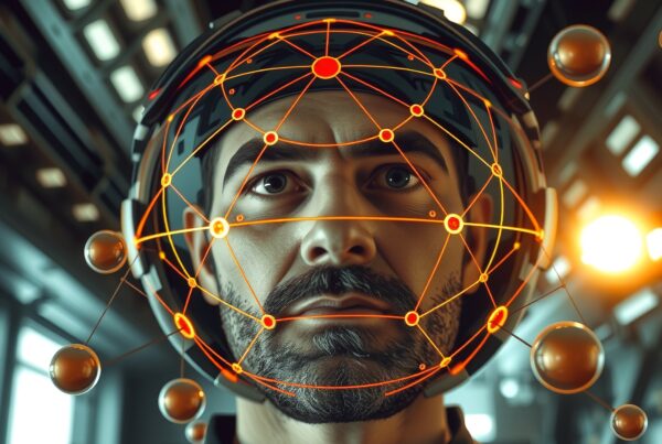 Futuristic man wearing helmet with glowing digital interface in industrial environment.